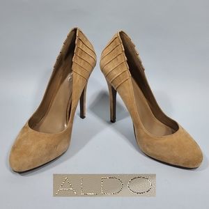 ALDO Botkins Tan Suede Pleated Fan Heel Pumps Women's Size 7.5